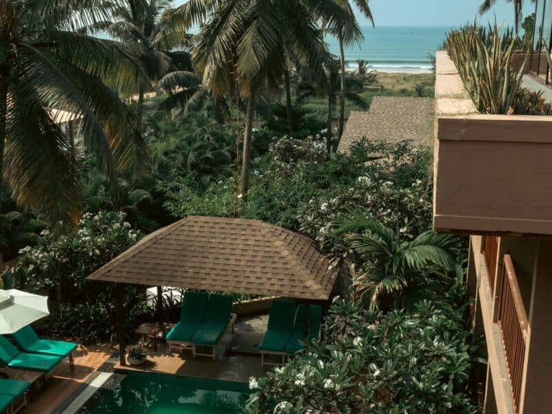 Luxury Goa beach resort at sunset